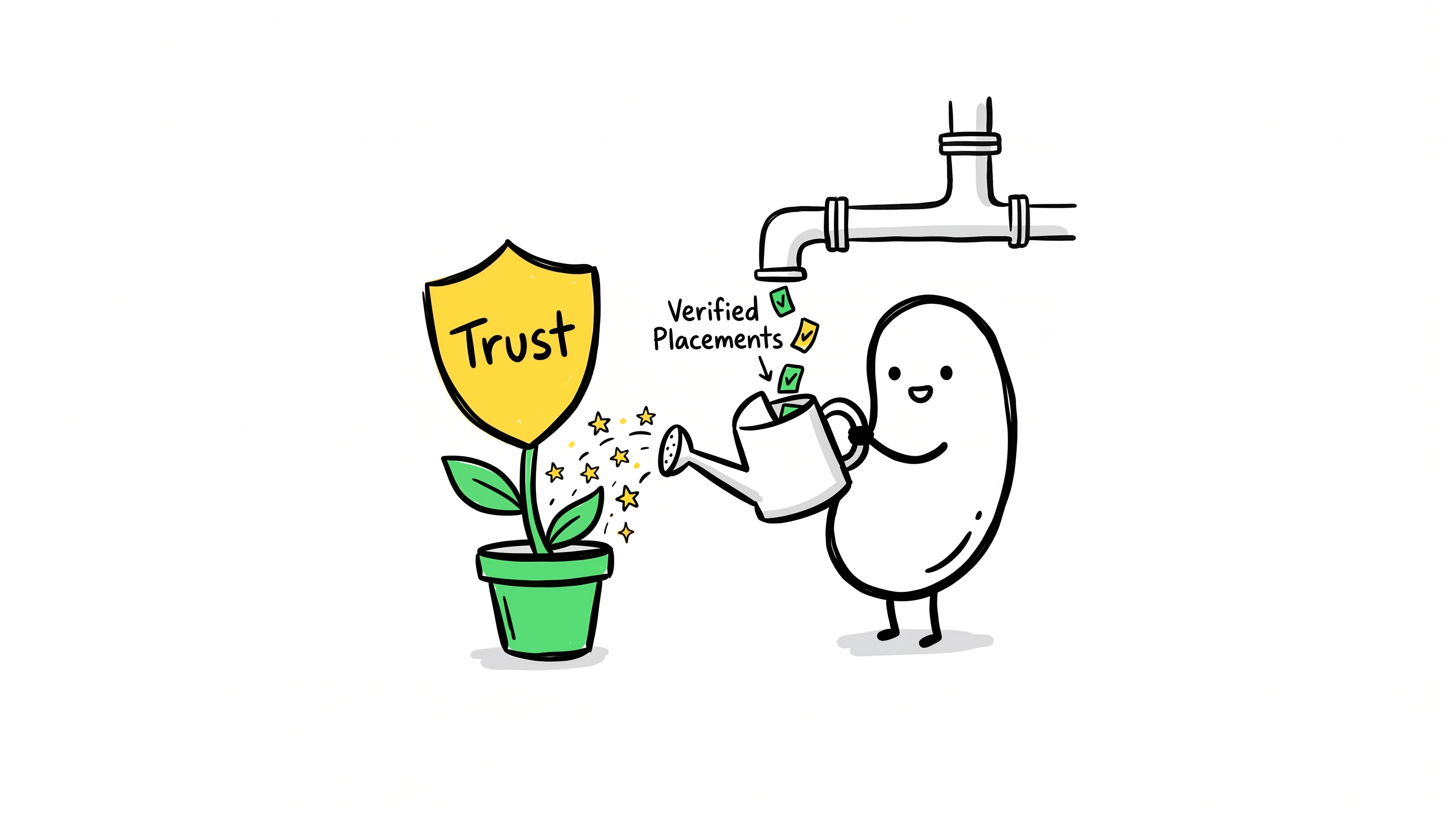 Bean watering plant with stars, growing shield-shaped trust flower from verified placements.