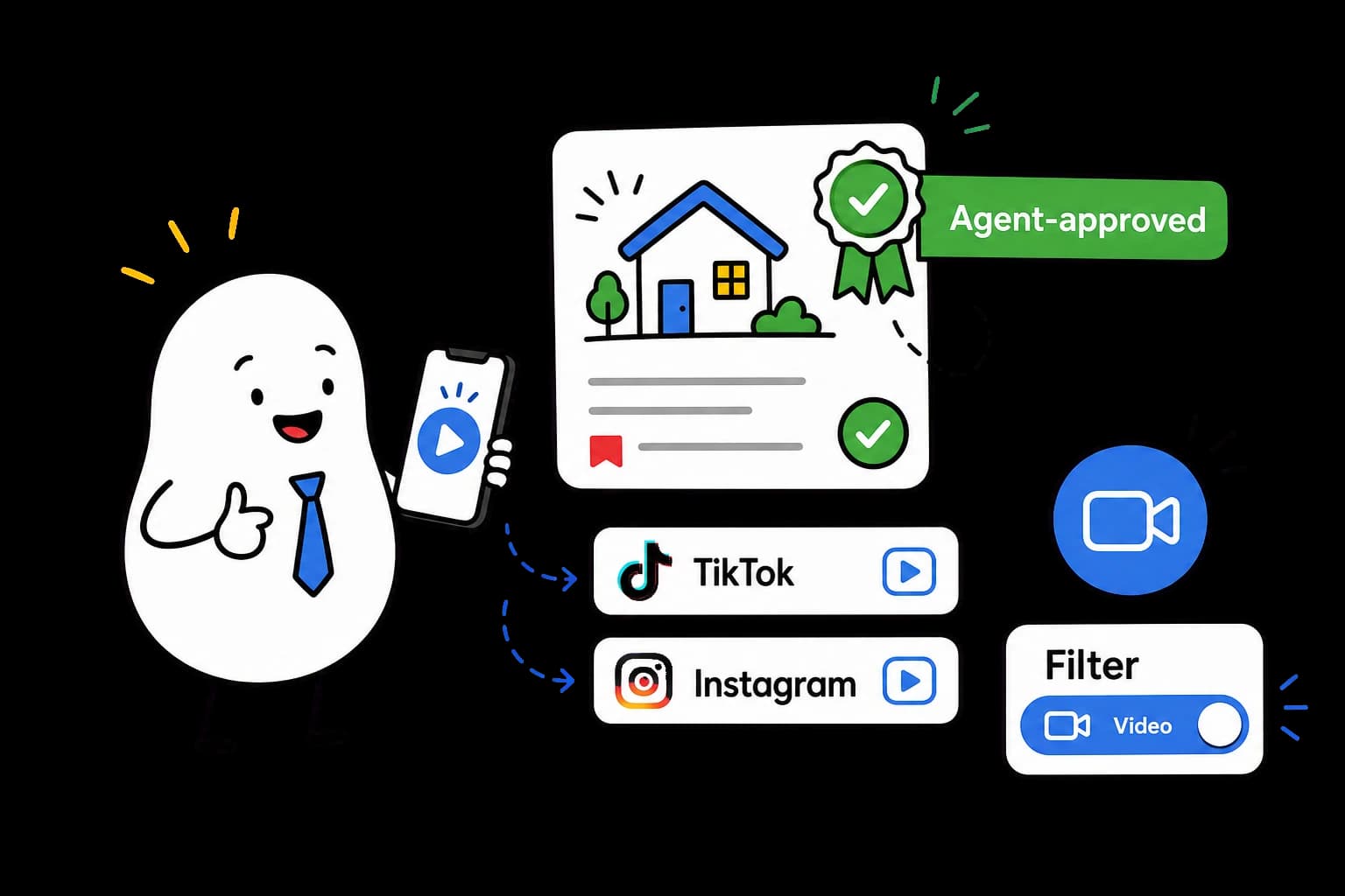 Agent-approved video listing with TikTok/Instagram integration. Clean paper cut-out style.